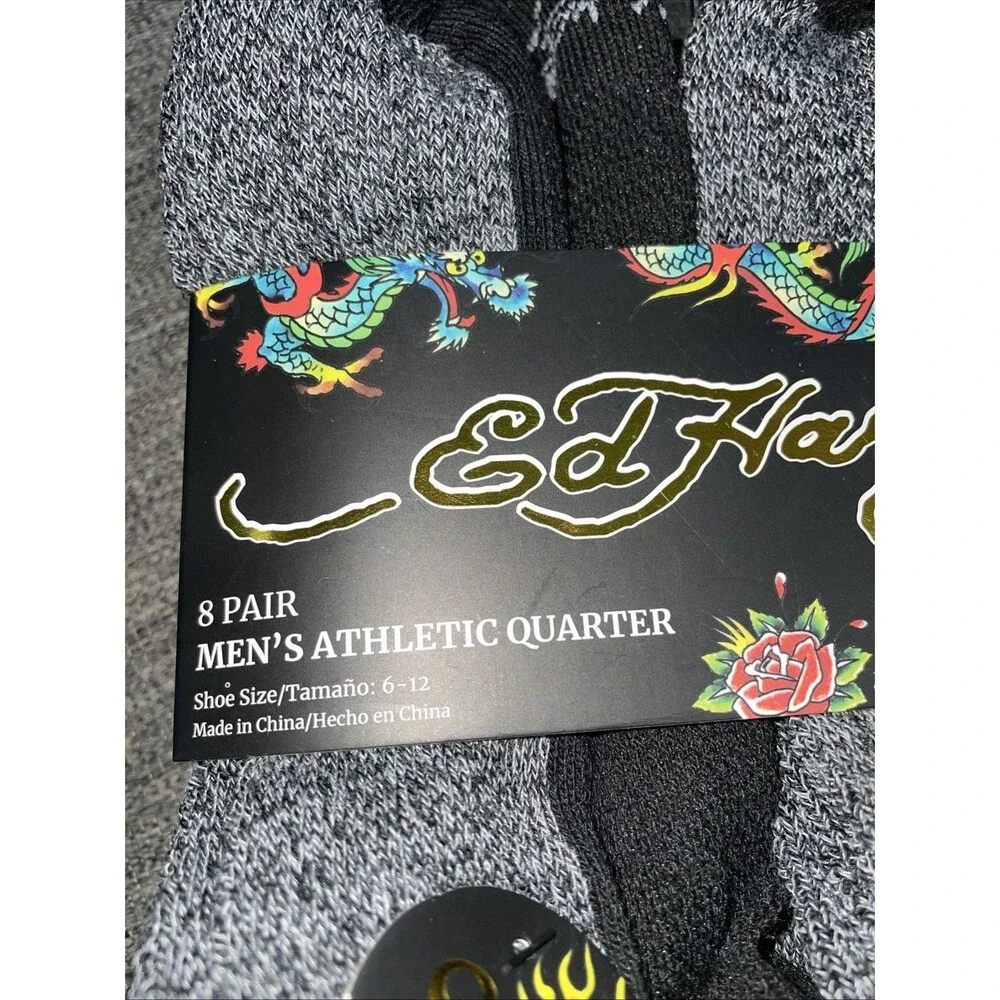 Ed Hardy Mens 8 Pair Set Athletic Low Cut Black Socks Shoe Size 6-12 New